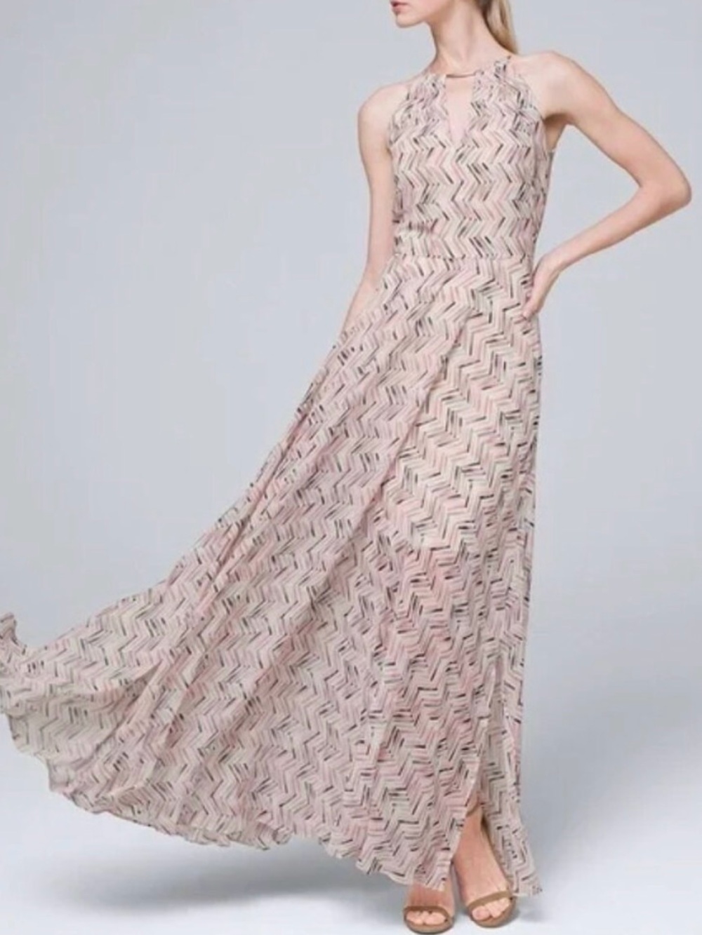 White House Black Market Blush Chevron Halter Maxi Dress